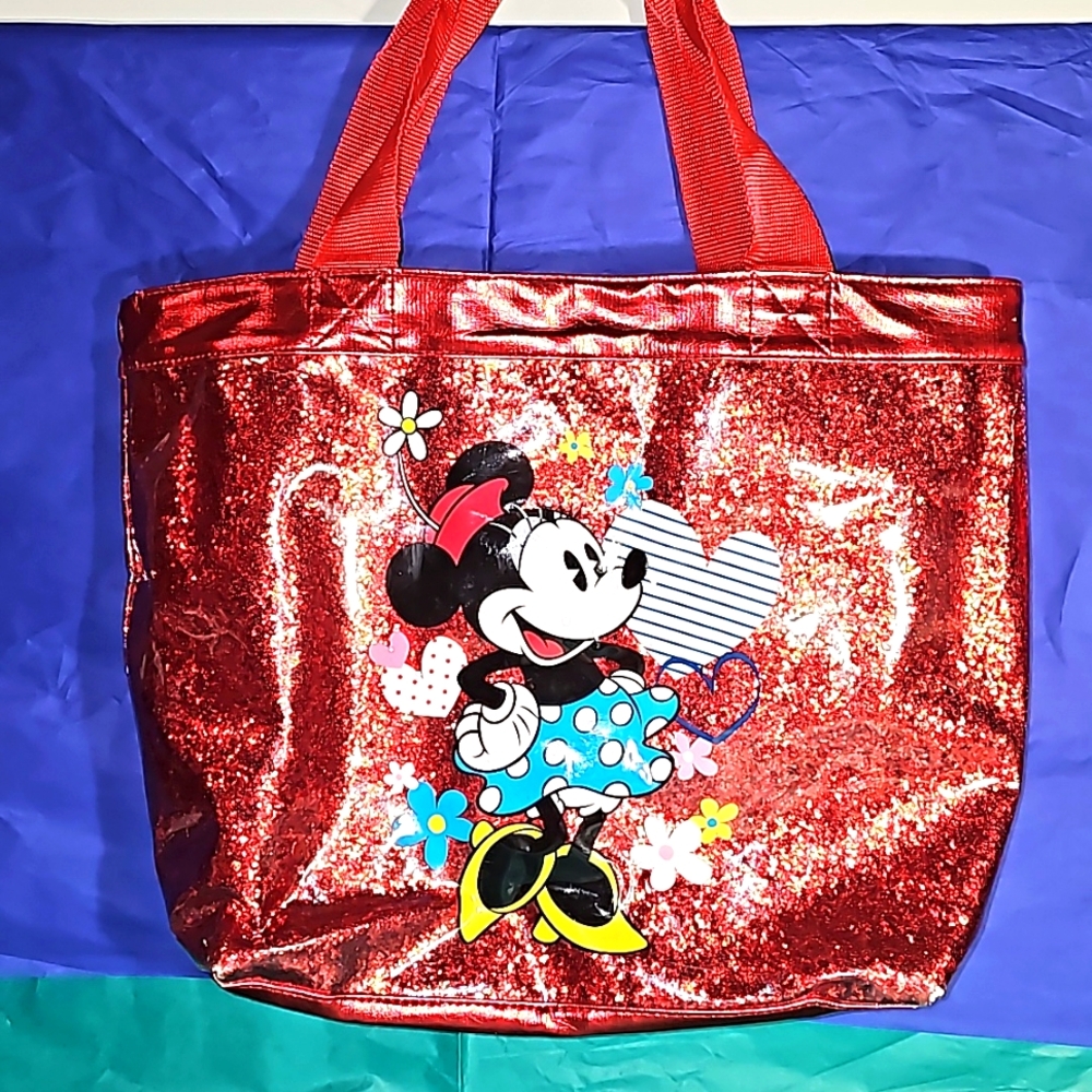 Disney Parks Exclusive Minnie Mouse Red Glitter Bag Tote Purse + Passport Holder